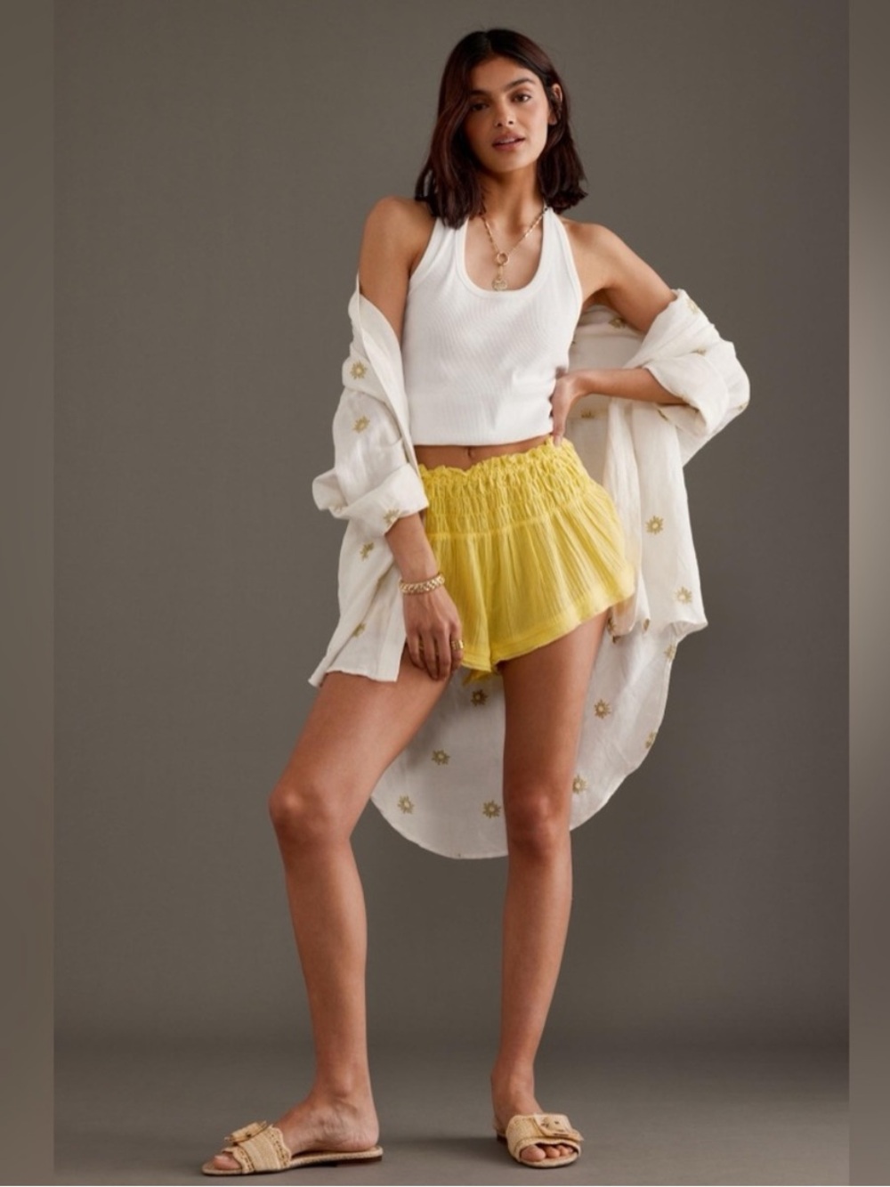 Anthropologie Yellow Gauze Smocked Waist Shorts